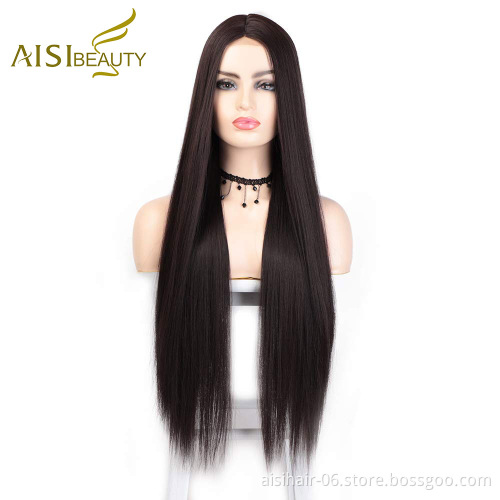 Aisi Beauty Vendor Cheap Long Natural Straight Middle Part Brown Wig Lace Front Synthetic Hair For Black Women Lace Front Wig